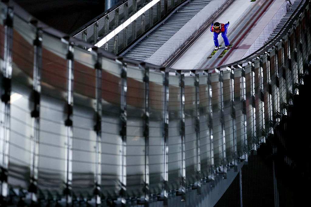 Richard Freitag, of Germany, competes during the men's normal hill individual ski jumping competition